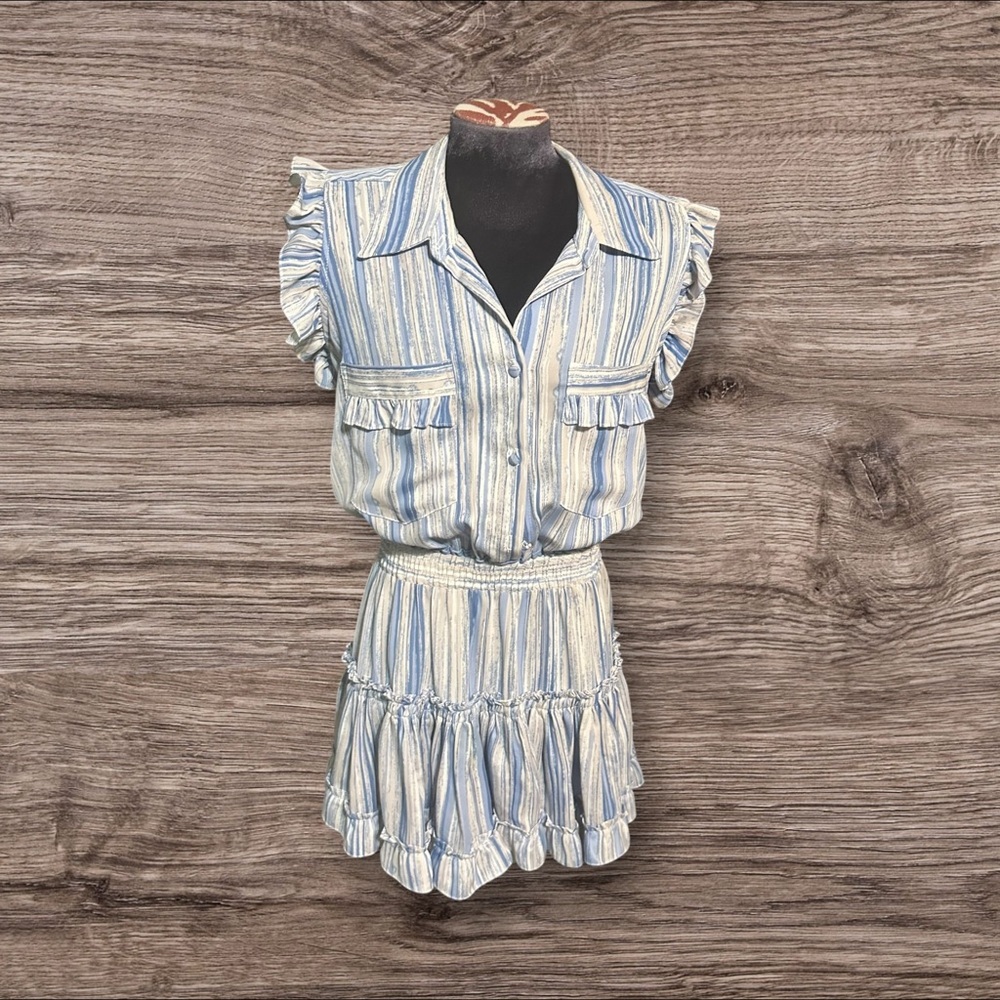 Misa Los Angeles Cap Sleeve Ruffle Mini Dress Blue White Tan Size Small